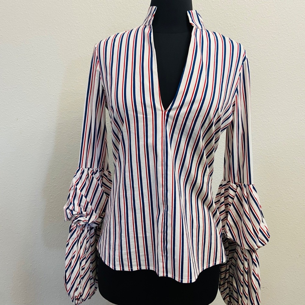 Anthropologie Greyson Small Striped‎ Blouse V-Neck Bell Sleeve Red White Blue